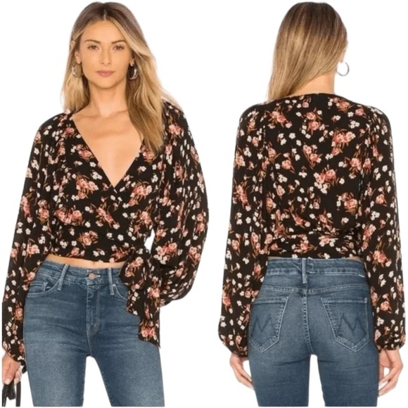 A.L.C. Tops - A.L.C. Carla Floral 100% Silk Wrap Crop Top Blouse Balloon Sleeves Black Small 6